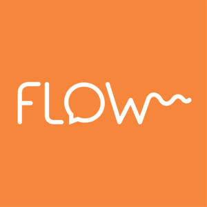 Das Wort "Flow" als grafischer Schriftzug/Logo, in weiß auf Orange.