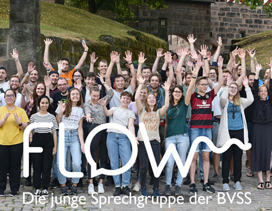 Gruppe junger Menschen auf Wiese, Arme hoch, Aufschrift: Flow. Die junge Sprechgruppe der BVSS.