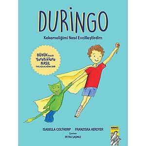 Cover eines türkischen Kinderbuchs, Titel "Duringo", gezeichnet ein junge als Superheld mit Umfang der "fliegt"